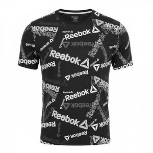 Reebok Mens Identity All Over Print Logo T Shirt Size L Black Crewneck S/S COOL